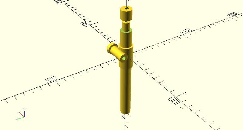 A view of the render window from OpenScad, showing a vertical cylinder
with a sleeve just above the middle. A perpendicular cylinder intercects
the sleeve, and has a slightly larger diameter short cylinder mounted
against it.